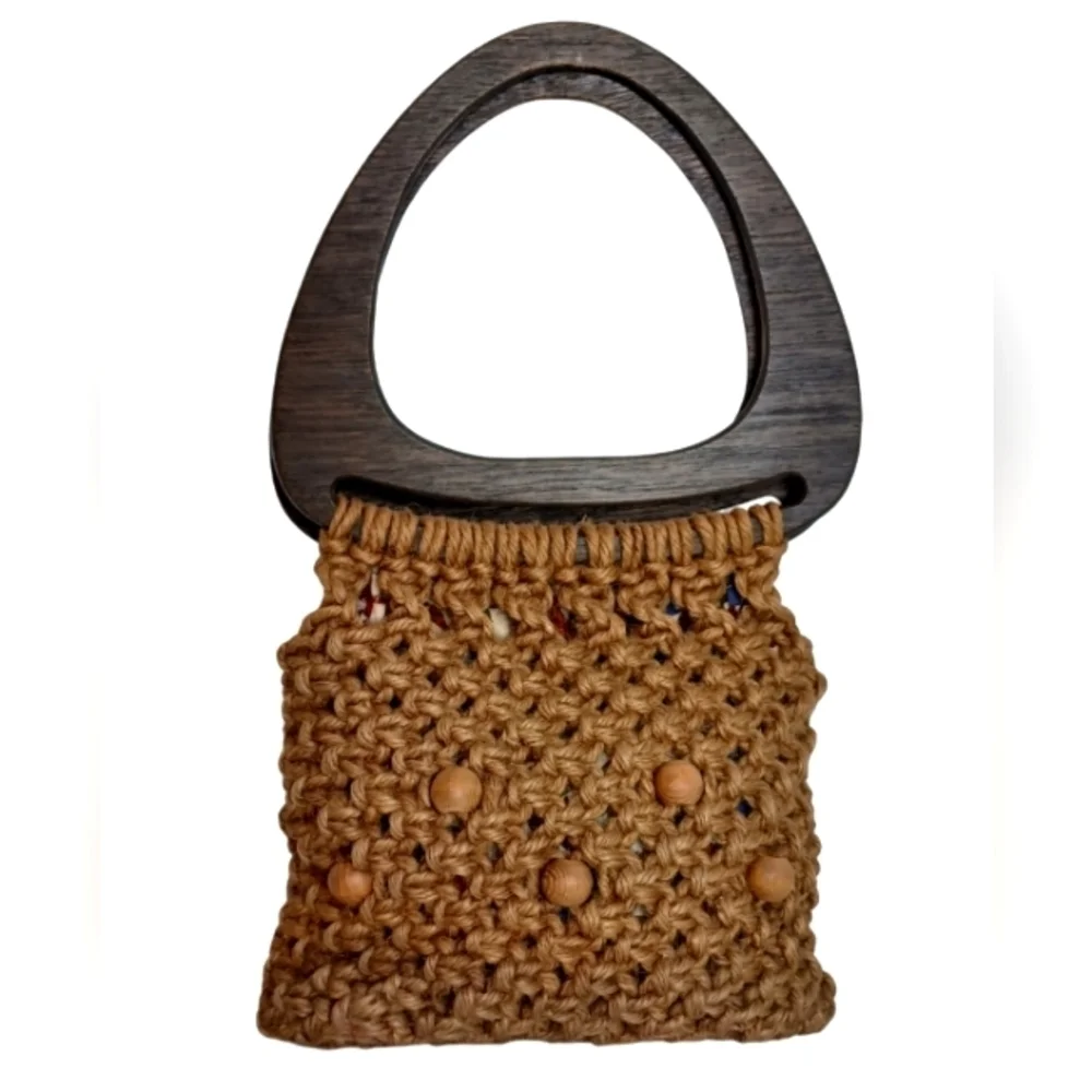 Vintage Boho Macrame Beaded Natural Wood Handbag